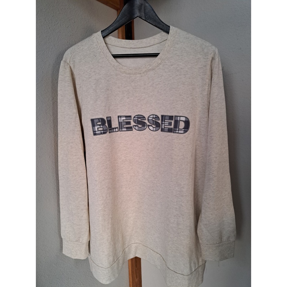 Blessed Plaid Graphic Sweatshirt Womens Oatmeal Beige Long Sleeve Pullover